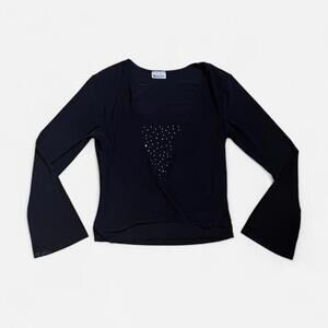 Crossing Vintage 90s Y2K Flare Sleeve Bedazzled Clubbing Top with Faux Wrap